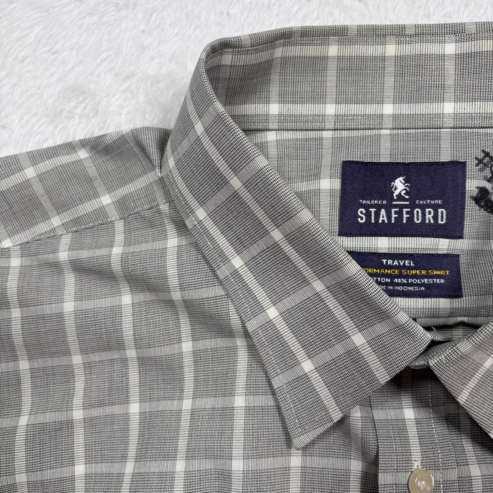 Stafford Button Down Men 2XL 18 34-35‎ Gray Check Travel Performance Super Shirt